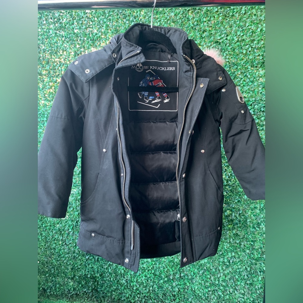 Kids Moose Knuckles Jacket, (Black with Pink Fur)